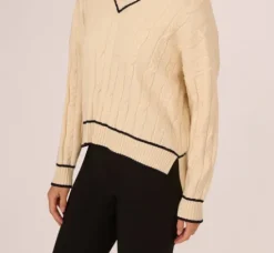 Adrianna Papell Tops & Blouses|Sweaters*V Neck High Low Cable Knit Sweater In Cream Blue Moon