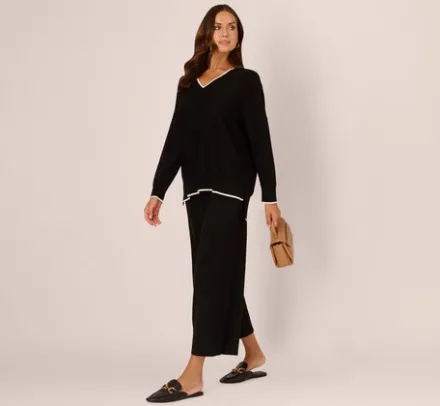 Adrianna Papell Tops & Blouses|Sweaters*V Neck Pullover Sweater With Contrast Tipping In Black Ivory