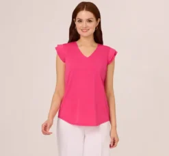 Adrianna Papell Tops & Blouses*V-Neck Top With Pleated Flutter Sleeves In Fuchsia Fedora