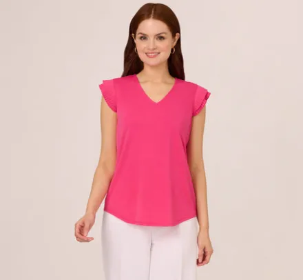 Adrianna Papell Tops & Blouses*V-Neck Top With Pleated Flutter Sleeves In Fuchsia Fedora