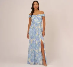 Adrianna Papell Wedding Guest Dresses|Formal Dresses*Watercolor Floral Print Gown With Off The Shoulder Neckline In Blue Multi