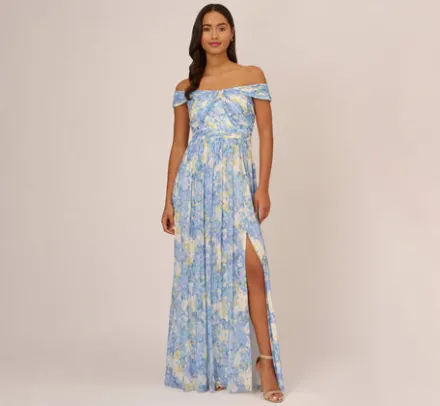 Adrianna Papell Wedding Guest Dresses|Formal Dresses*Watercolor Floral Print Gown With Off The Shoulder Neckline In Blue Multi