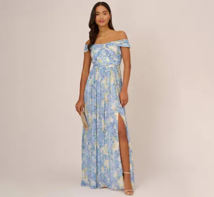 Adrianna Papell Wedding Guest Dresses|Formal Dresses*Watercolor Floral Print Gown With Off The Shoulder Neckline In Blue Multi