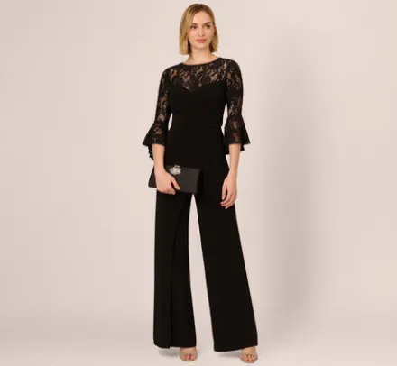 Adrianna Papell Jumpsuits|Dresses With Sleeves*Wide Leg Jersey Jumpsuit With Sheer Lace Bell Sleeves In